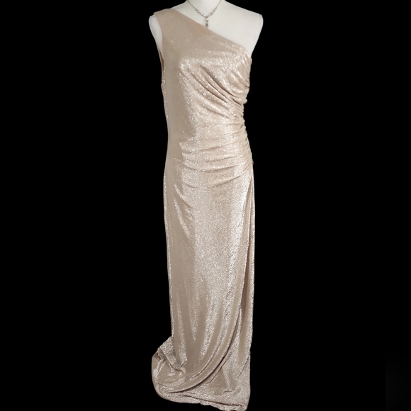 Calvin Klein One Shoulder Ruched Metallic Gown. 10 - Picture 6 of 16